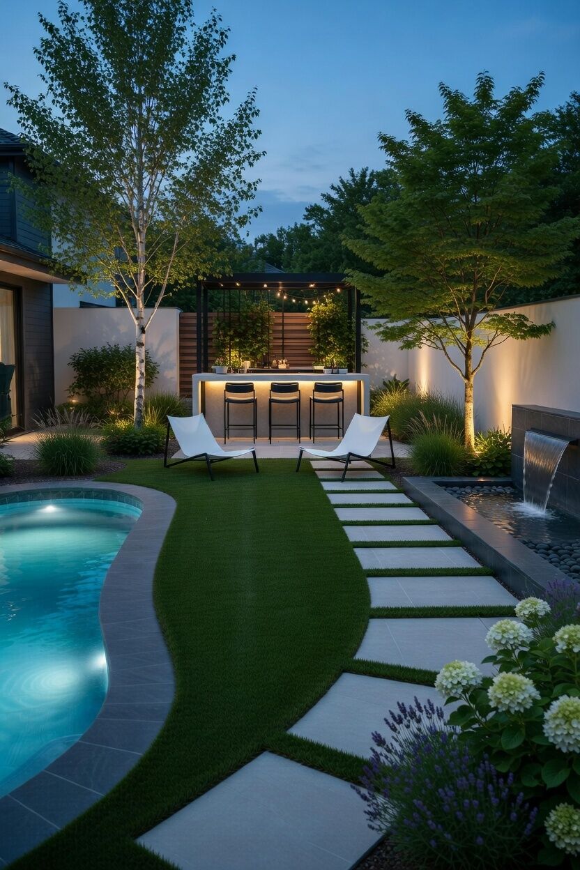 Luxury pool and turf installation at dusk