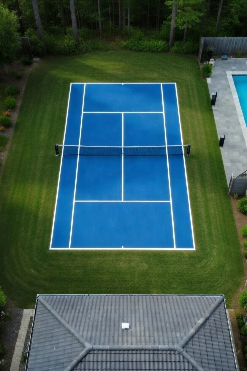 Aerial view tennis court and pool